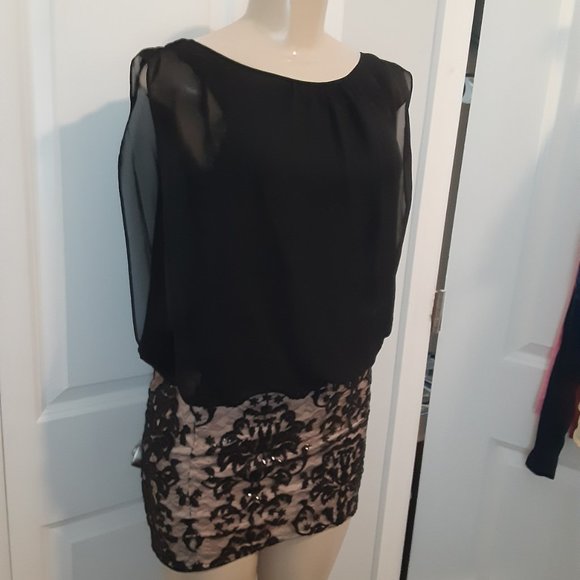 Aidan Mattox - Embroidered Chiffon Blouson Black/Nude Short Dress - Picture 7 of 14